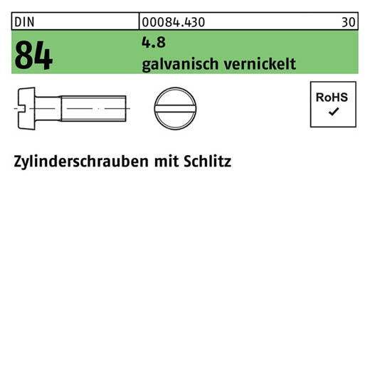 DIN 84, Zylinderschrauben mit Schlitz M 5 x 8, Stahl 4.8 galvanisch vernickelt - 2000 Stück