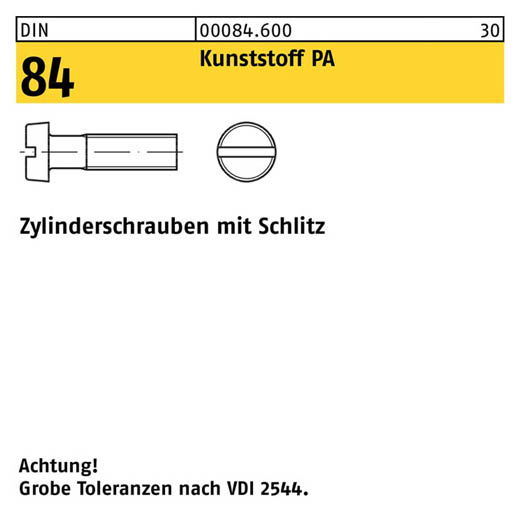 DIN 84, Zylinderschrauben mit Schlitz M 3 x 6, Kunststoff PA - 200 Stück