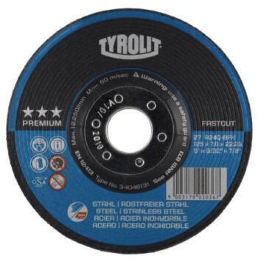 Schruppscheibe PREMIUM D125xS7mmKörnung 30 gekr.2in1 Bohr.22,23mm TYROLIT | 10 Stück