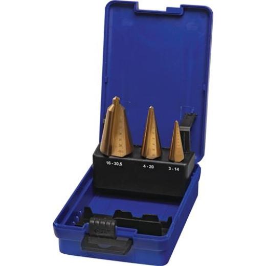 Blechschälbohrersatz 3-14/4-20/16-30,5mm HSS-TiN 3tlg.Ku.-Kass.TECWERK
