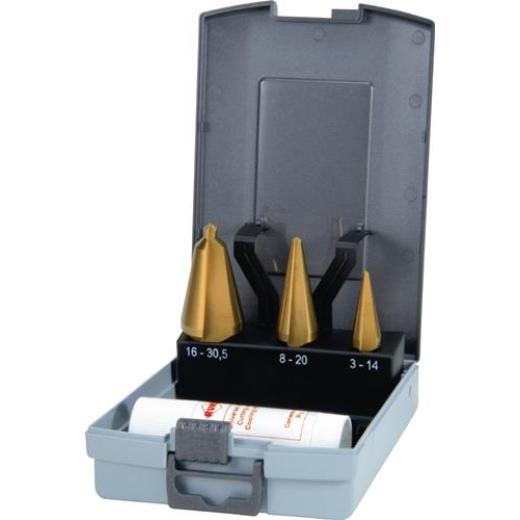 Blechschälbohrersatz 3-14/5-20/16-30,5mm HSS-TiN 4tlg.ABS-Ku.-Kass.RUKO