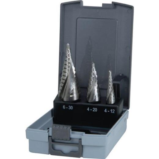 Stufenbohrersatz D.4-12/4-20/4-30mm HSS Spiralnut 3tlg.Ku.-Kass.RUKO