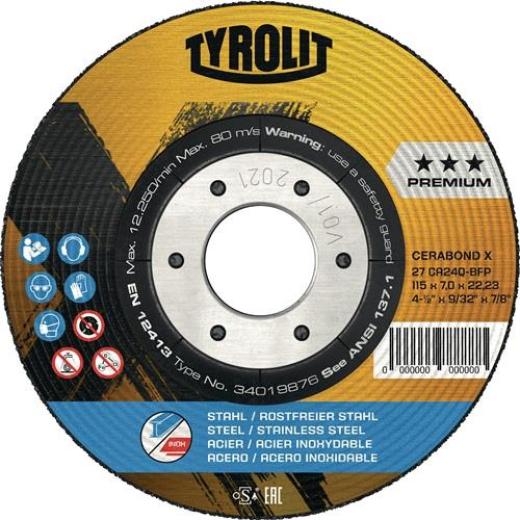Schruppscheibe CERABOND X D125xS7mm gekr.INOX/Stahl Bohr.22,23mm TYROLIT | 5 Stück