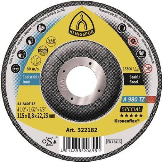 Trennscheibe A 980 TZ Special D125x0,8mm gekr.INOX Bohr.22,23mm KLINGSPOR | 25 Stück