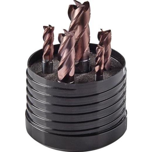 Schaftfräserset DIN 6527L Ø 6/8/10/12/16 mm Z.4 VHM TiAlN 5tlg.Ku.-Box TECWERK