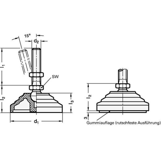 Kunststoff-Gelenkfuß GN 344 d1 100 mm,d2 M 10mm l1 43mm l3 24mm GANTER