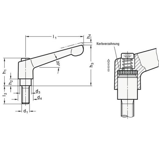 Verstellbarer Klemmhebel GN 300 d1 M 12mm l1 92mm IG GANTER