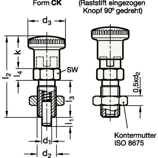 Rastbolzen GN 817 d1 8mm d2 M16 x 1,5mm l1 12mm Stahl,o.Rastsperre,m.Kontermut. | 10 Stück