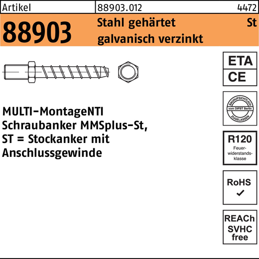 Stockanker MULTI-MONTI MMSplus-St, | Stahl gehärtet galv. verzinkt, 7,5 x 60 M8 SW10 | - 50 Stück