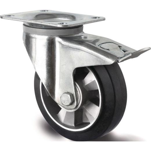 Schwerlastlenkrolle D.200mm Trgf.500kg Festst.Elastikgummi Bau-H.245mm TECWERK