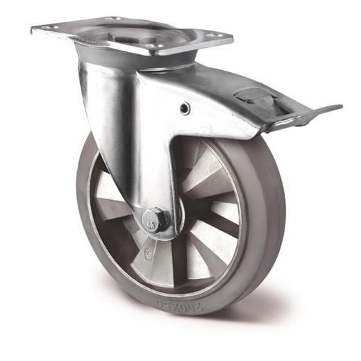 Schwerlastlenkrolle D.200mm Trgf.500kg Festst.Elastikgummi Bau-H.255mm TECWERK