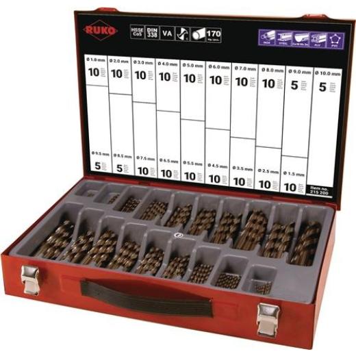 Spiralbohrermagazin DIN 338 TypN 1-10mm steig.um 0,5mm HSS-Co5 170tlg.RUKO
