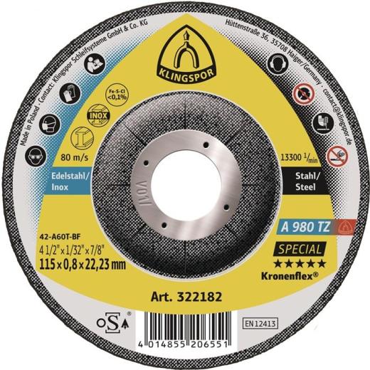 Trennscheibe A 980 TZ Special D115x0,8mm gekr.INOX Bohr.22,23mm KLINGSPOR | 25 Stück
