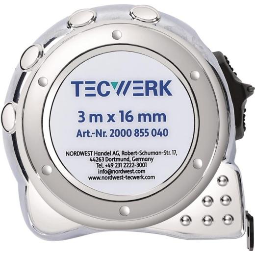 Taschenrollbandmaß L.3m B.16mm mm/cm EG II Ku.CR TECWERK