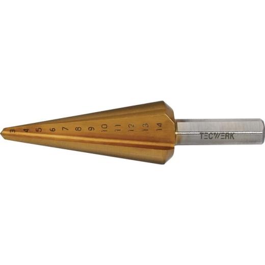Blechschälbohrer Bohrber.3-14mm HSS TiN Gesamt-L.58mm Z.2 TECWERK