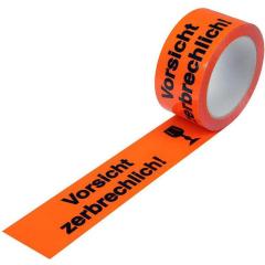 Warnklebeband Breite 50mm L.66m S.52µ PP leuchtorange Vorsicht zerbrechlich | 12 Stück