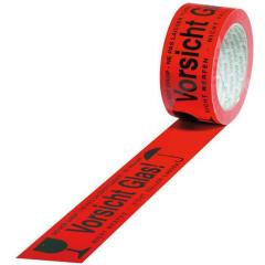 Kennzeichnungsband Breite 50mm L.66m S.52µ PVC rot Aufdruck Vorsicht Glas | 12 Stück