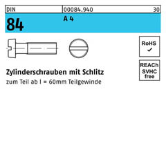 DIN 84, Zylinderschrauben mit Schlitz M 6 x 10, Edelstahl A 4 - 200 Stück