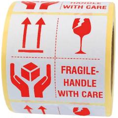 Warnetiketten Fragile - handle with care Maße 100x100mm weiß Rollenkern 76mm