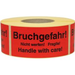 Warnetiketten Maße 145x70mm Papier rot Bruchgefahr Nicht werfen! Fragile!