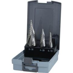Stufenbohrersatz D.4-12/4-20/4-30mm HSS Spiralnut 3tlg.Ku.-Kass.RUKO